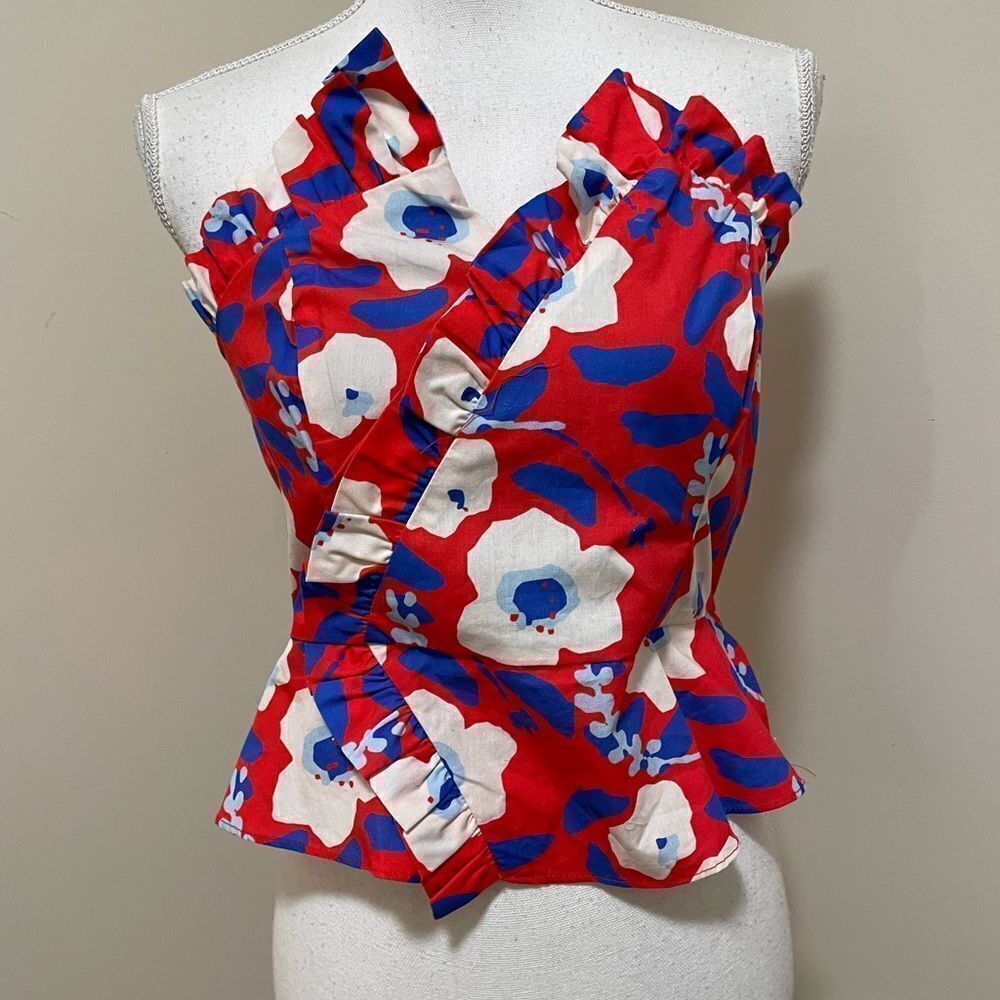 Anthropologie Red Floral Ruffle Strapless Camisole with Blue and White Blooms - Picture 4 of 9